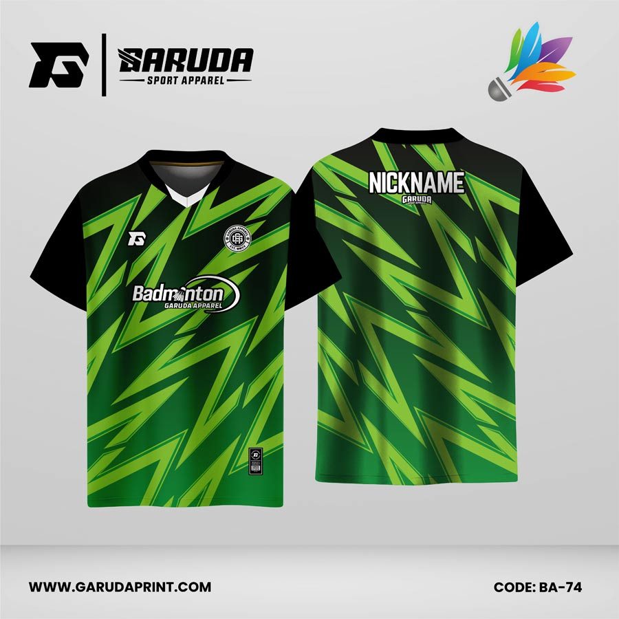 Jersey Badminton Warna Hijau–Hitam dengan Motif Kilat Bertumpuk Code BA-74