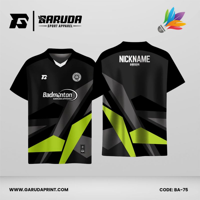 Jersey Badminton Warna Hitam–Hijau Neon dengan Motif Bidang Tajam Code BA-75