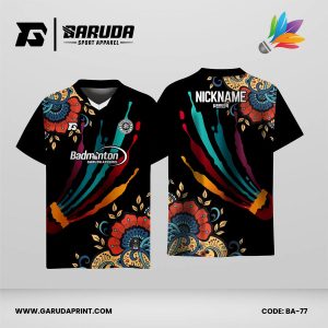 Jersey Badminton Warna Hitam dengan Motif Floral Etnik dan Shuttlecock Berwarna Code BA-77