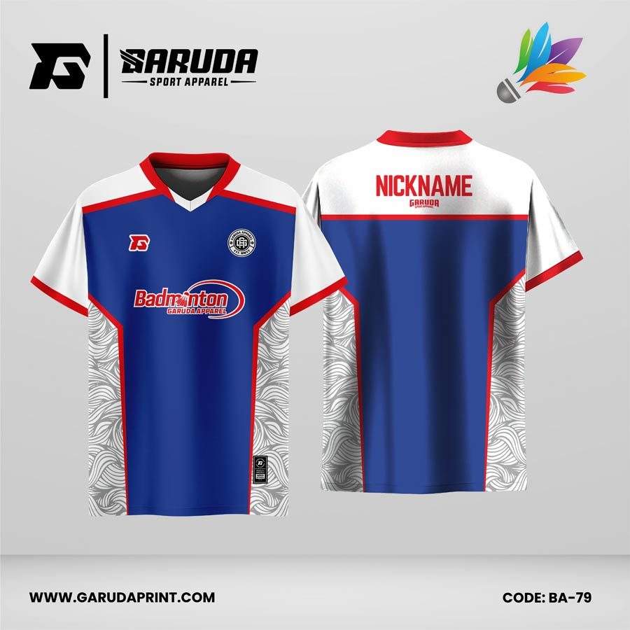 Jersey Badminton Warna Biru–Putih dengan Aksen Merah dan Motif Ornamen Samping Code BA-79