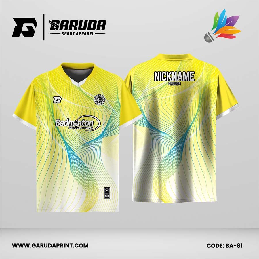 Jersey Badminton Warna Kuning–Putih dengan Motif Garis Alir Code BA-81