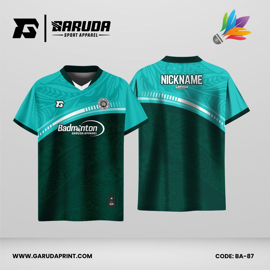 Jersey Badminton Warna Toska–Hijau Tua dengan Motif Ornamen dan Garis Lengkung Code BA-87