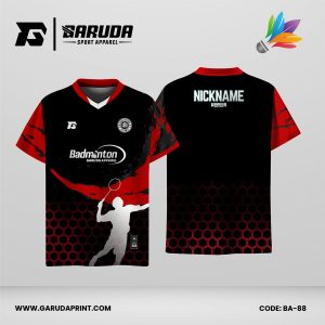 Jersey Badminton Warna Hitam–Merah dengan Motif Siluet Smash dan Hexagon Code BA-88