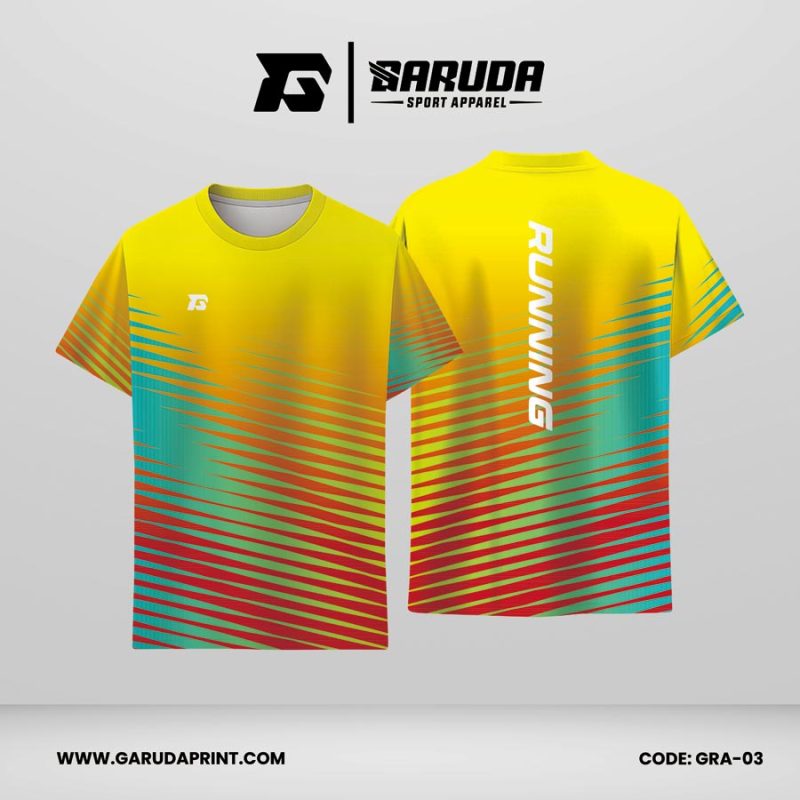 Jersey Lari Warna Kuning–Toska dengan Aksen Merah dan Motif Garis Code GRA-03