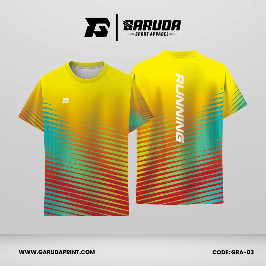 Jersey Lari Warna Kuning–Toska dengan Aksen Merah dan Motif Garis Code GRA-03