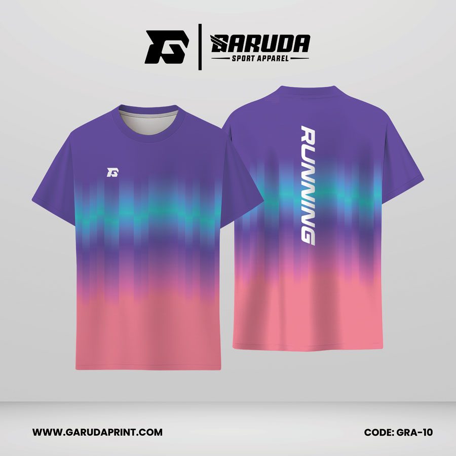 Jersey Lari Warna Ungu–Toska–Pink dengan Motif Gradasi Cahaya Vertikal Code GRA-10
