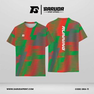 Jersey Lari Warna Hijau–Merah–Abu dengan Motif Semburan Garis Horizontal dan Blok Petir Miring Code GRA-11