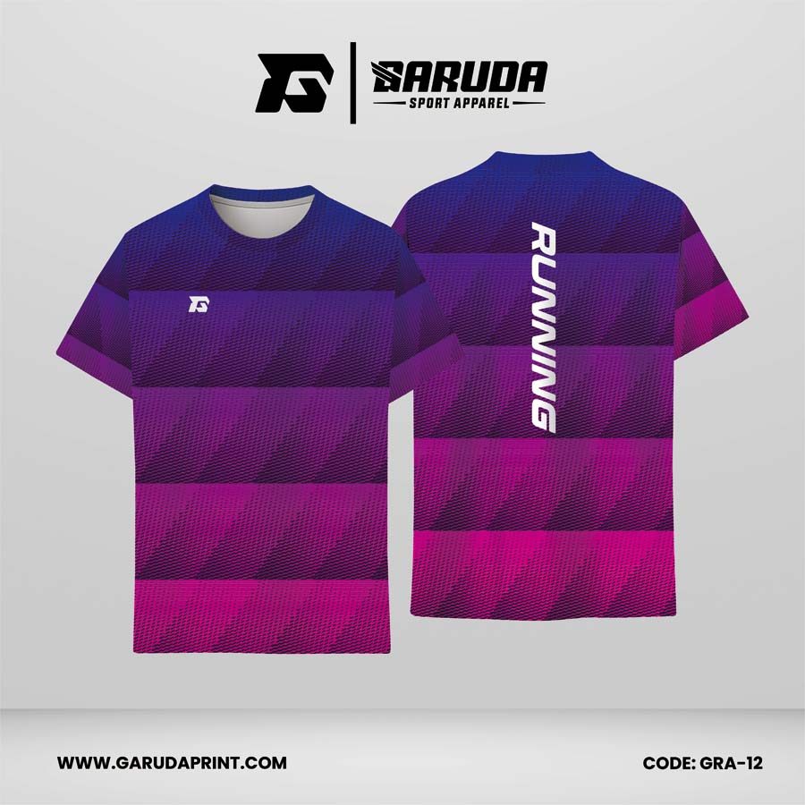 Jersey Lari Warna Biru Elektrik–Ungu–Magenta dengan Motif Panel Garis Horizontal dan Tekstur Serong Rapat Code GRA-12