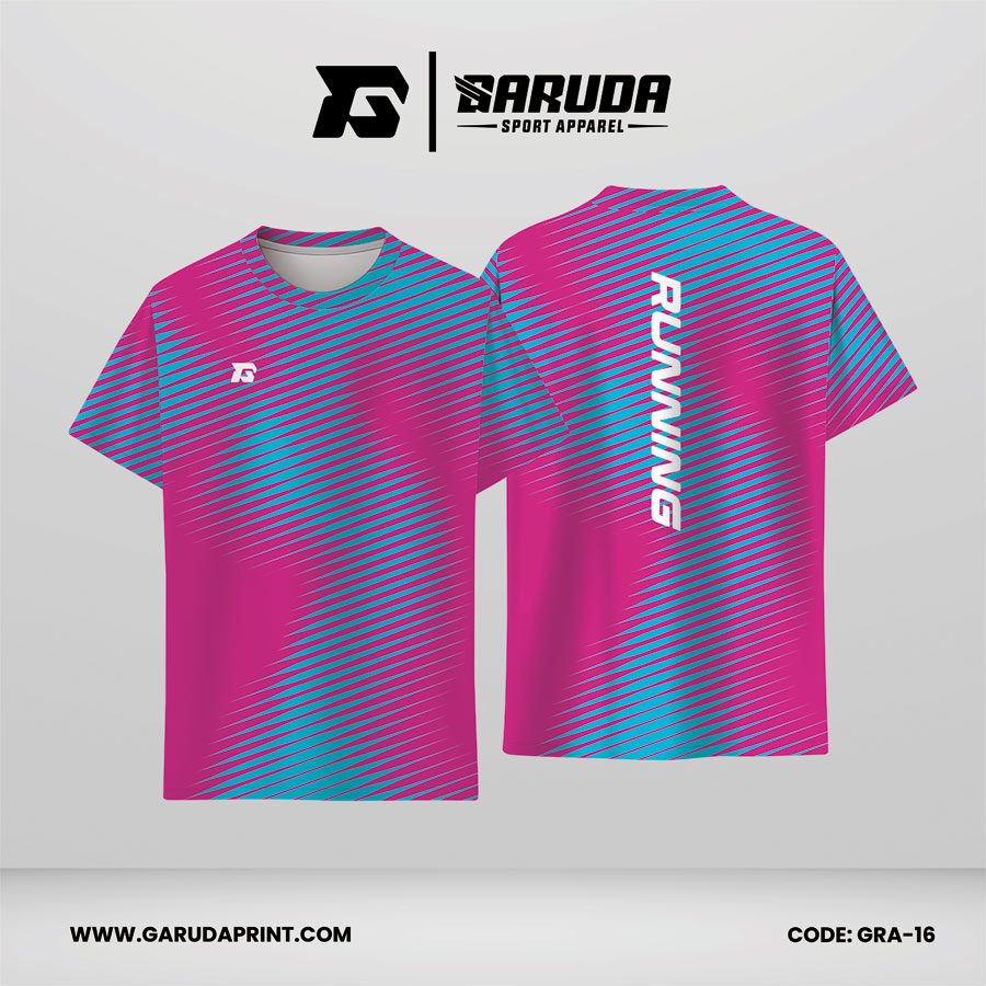 Jersey Lari Warna Magenta–Biru Toska dengan Motif Garis Serong Rapat dan Sapuan Bidang Miring Code GRA-16
