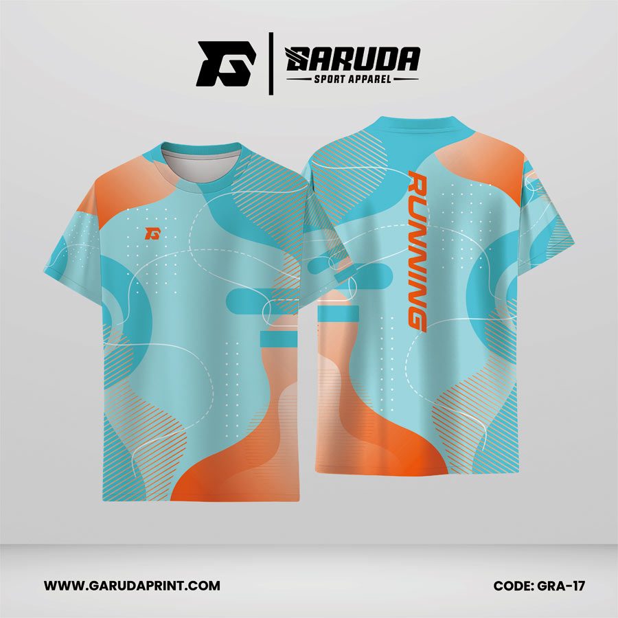 Jersey Lari Warna Biru Muda–Oranye–Krem dengan Motif Gelombang Organik, Garis Diagonal, dan Aksen Orbit Code GRA-17