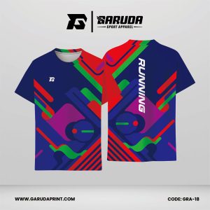 Jersey Lari Warna Navy–Merah–Hijau–Ungu dengan Motif Pita Diagonal Silang dan Gelombang Lengkung Code GRA-18