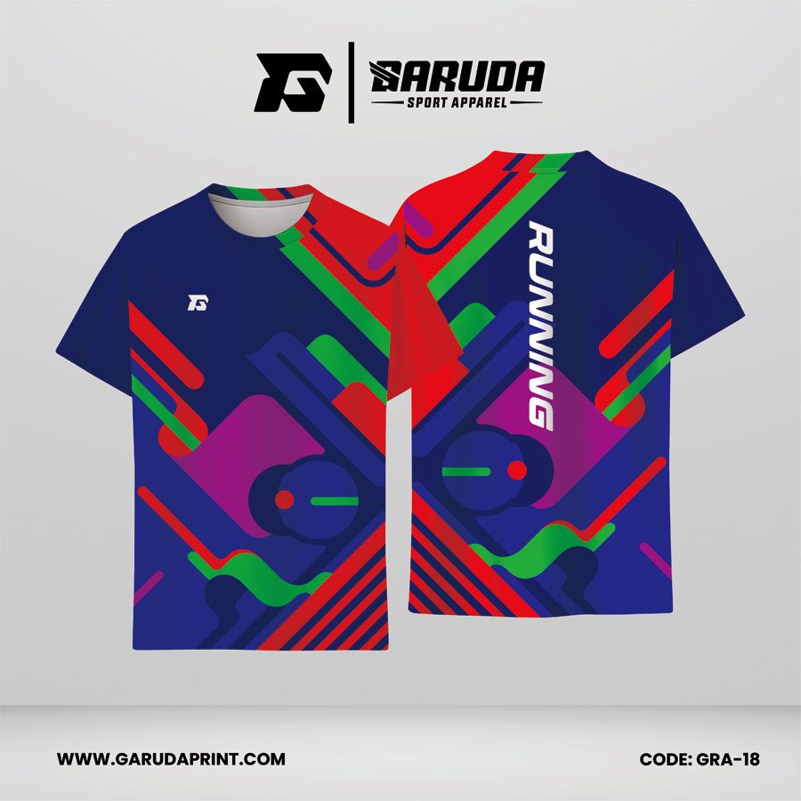 Jersey Lari Warna Navy–Merah–Hijau–Ungu dengan Motif Pita Diagonal Silang dan Gelombang Lengkung Code GRA-18