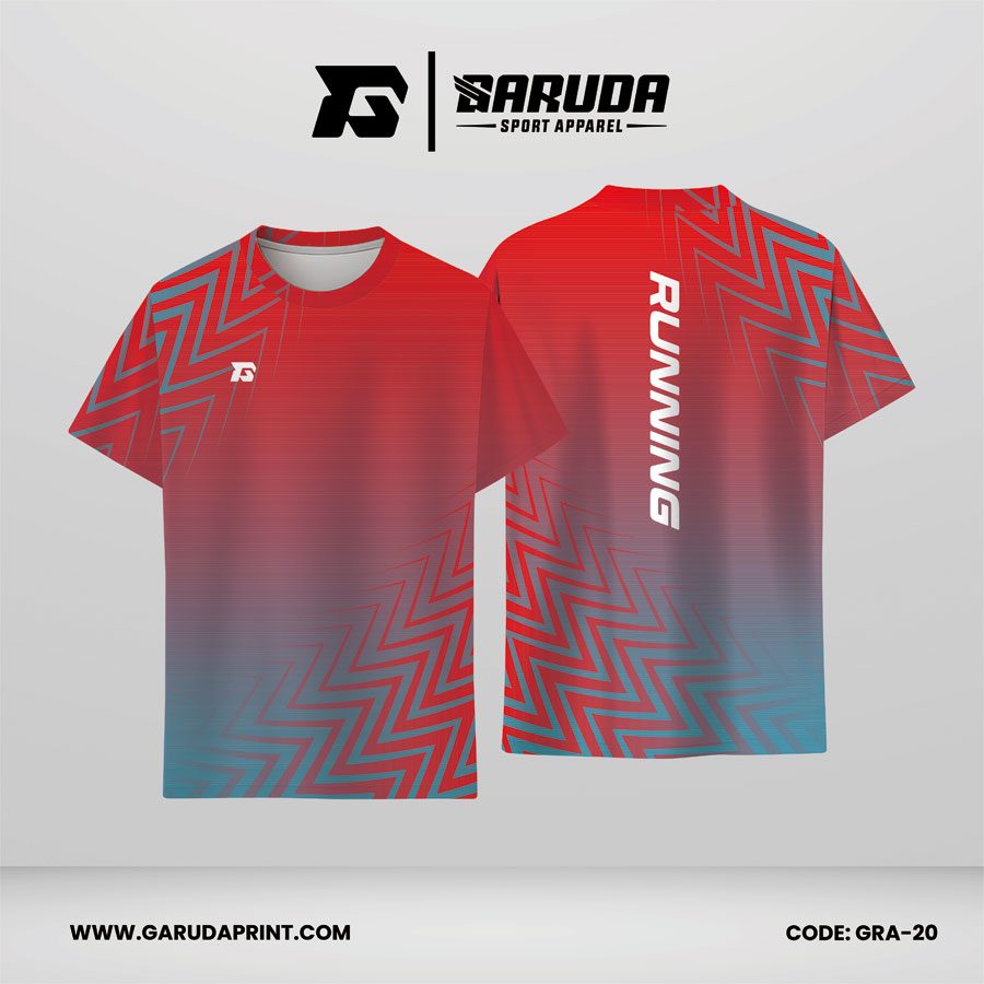 Jersey Lari Gradasi Merah–Abu Kebiruan dengan Motif Zigzag Tajam dan Tulisan Vertikal Code GRA-20