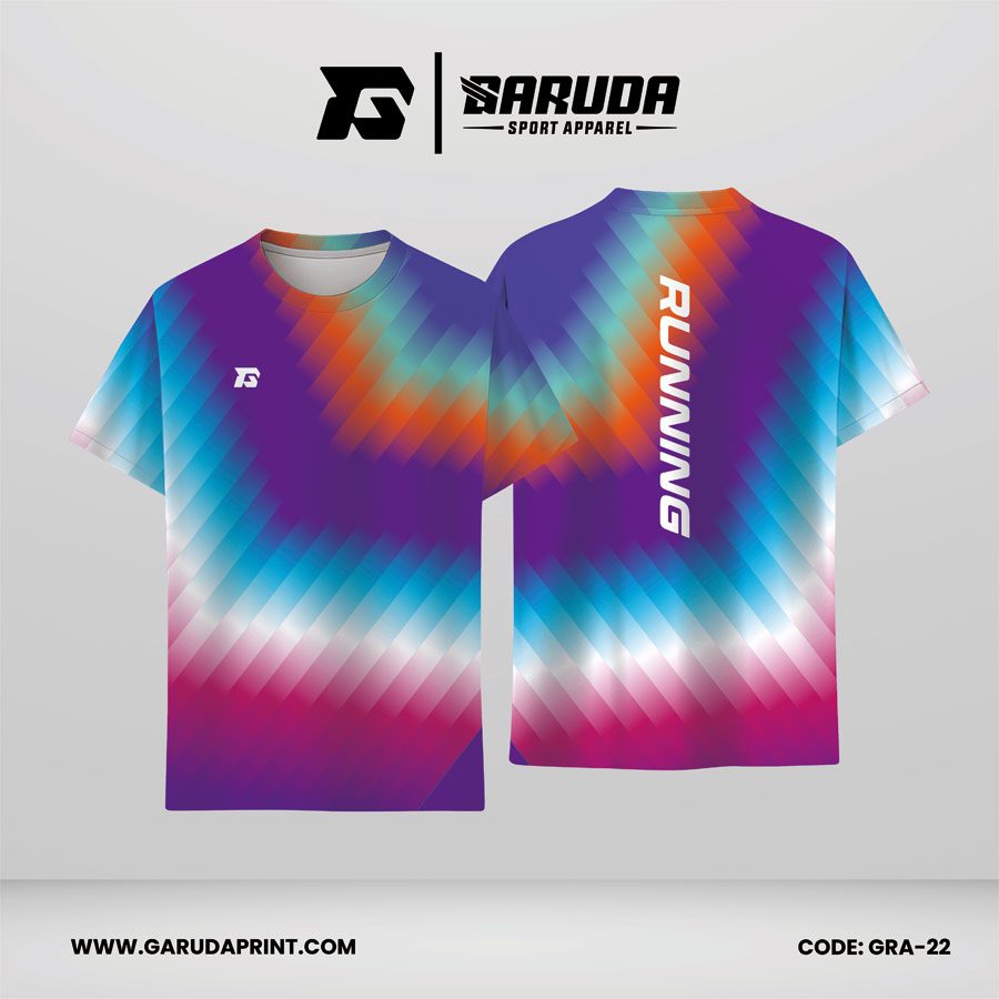 Jersey Lari Gradasi Ungu, Biru, Putih, Magenta dan Motif Garis Diagonal Berlapis Code GRA-22