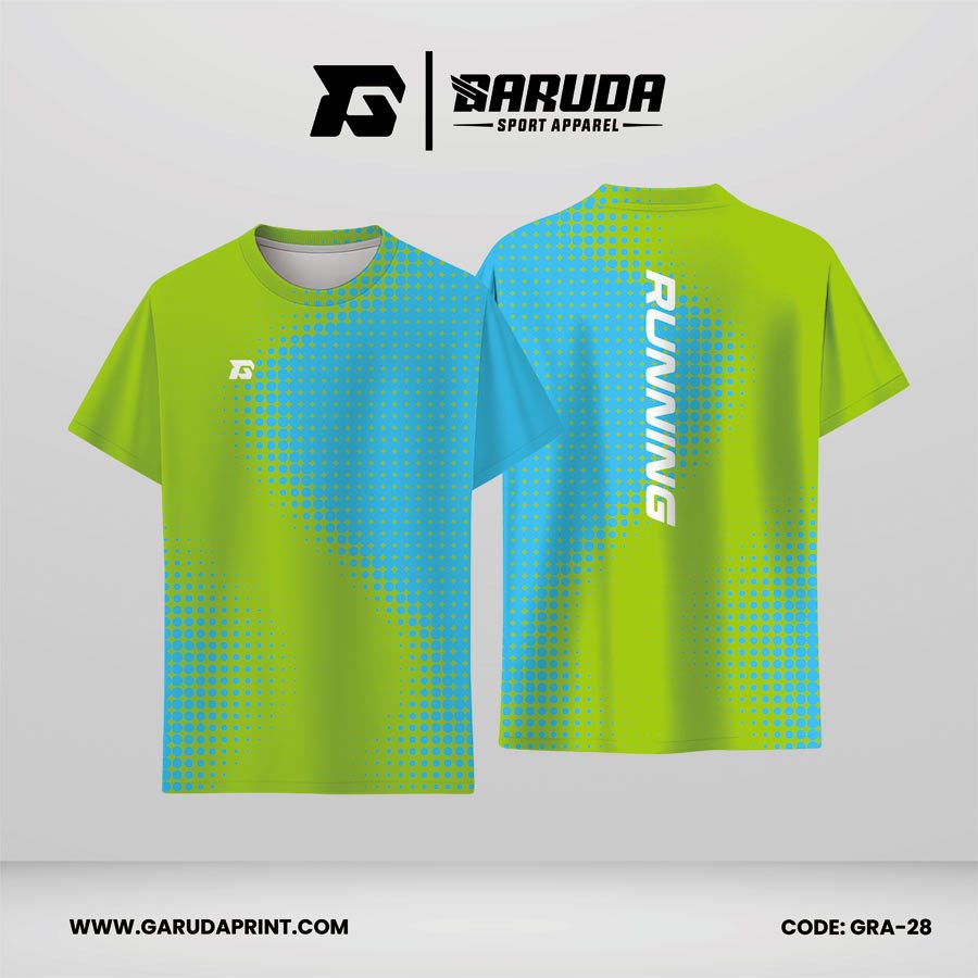 Jersey Lari Hijau Lime–Biru Cyan dengan Motif Halftone Bulat Gradasi Code GRA-28