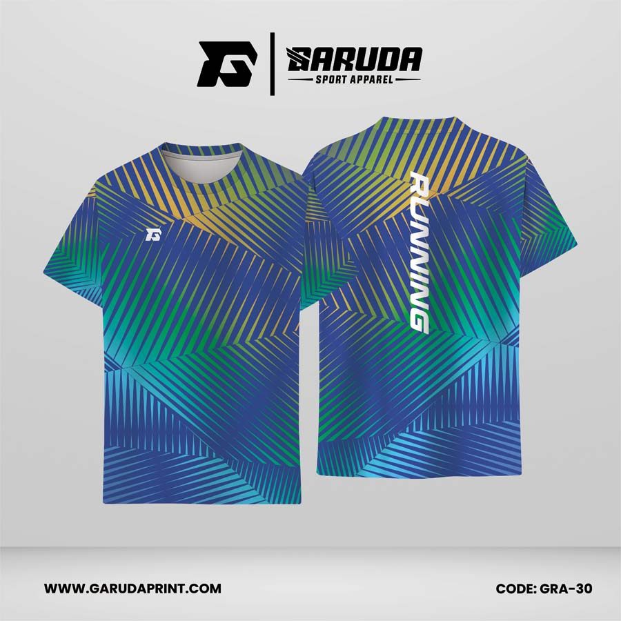 Jersey Lari Biru Royal–Biru Elektrik dengan Motif Geometris Garis Miring Toska, Emerald, dan Krem Keemasan Code GRA-30