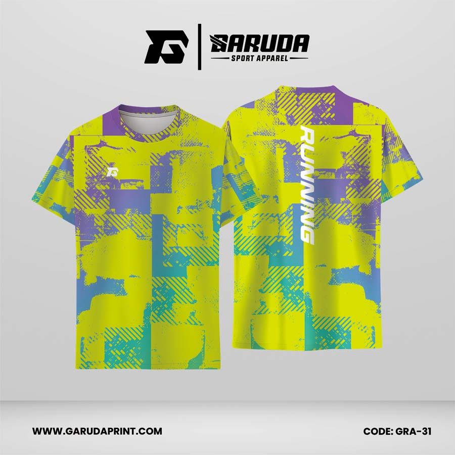 Jersey Lari Kuning Lemon–Ungu Lavender dengan Motif Blok Abstrak dan Tekstur Grunge Code GRA-31