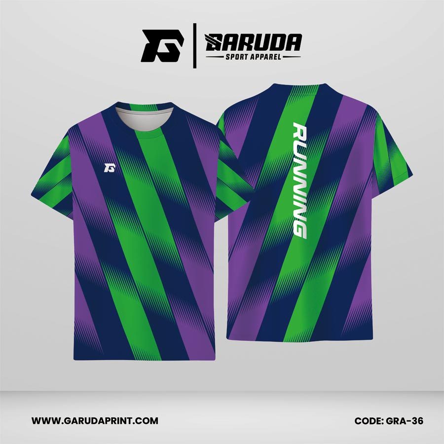 Jersey Lari Biru Navy Tua–Hijau Kelly Terang–Ungu Violet dengan Motif Bidang Diagonal Bertekstur Code GRA-36