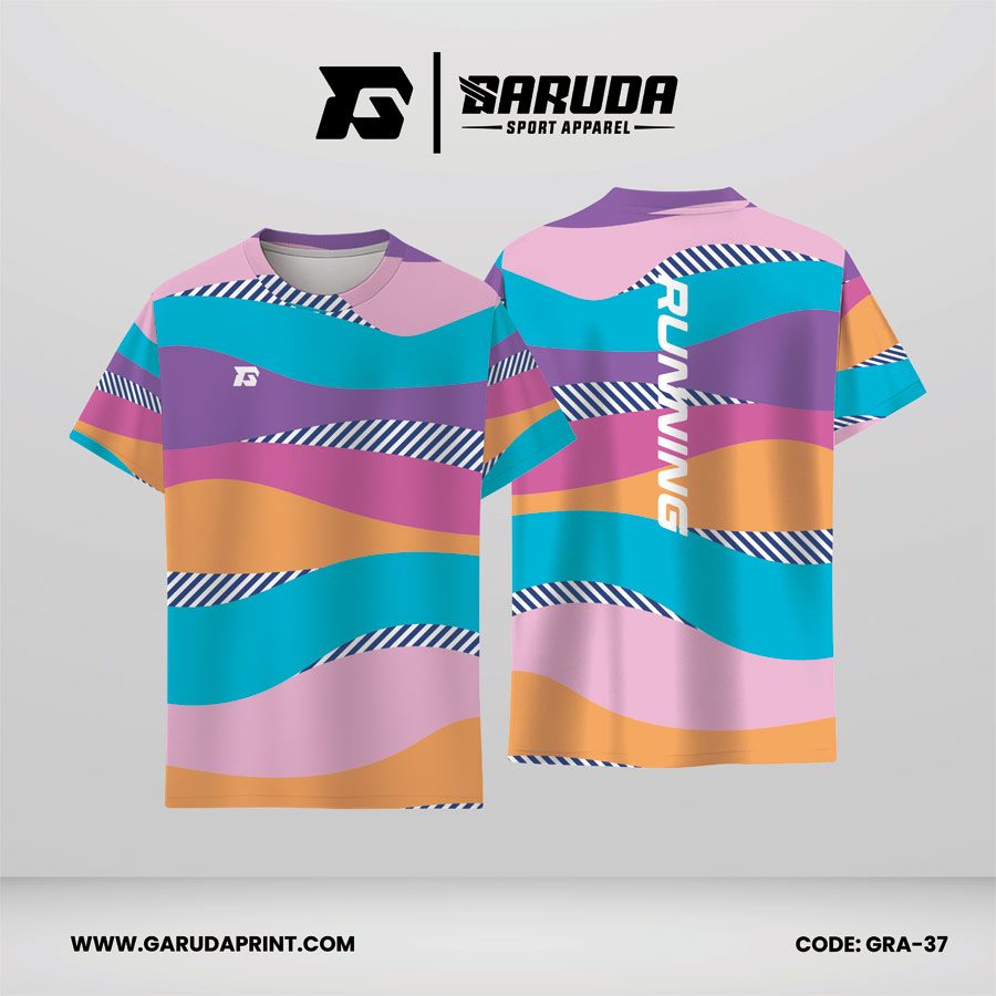Jersey Lari Pink Blush–Ungu Lavender–Toska Cerah dengan Motif Gelombang Warna dan Aksen Garis Diagonal Code GRA-37