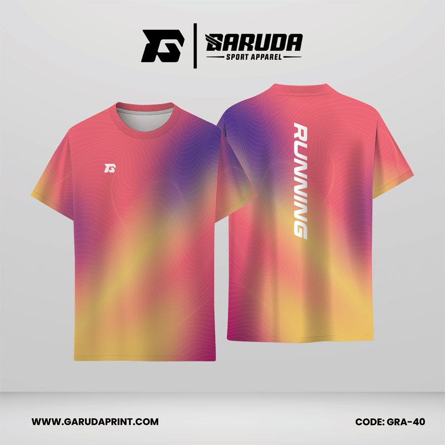 Jersey Lari Coral Salmon–Ungu Violet–Kuning Keemasan dengan Motif Gradasi Lembut dan Garis Kontur Halus Code GRA-40