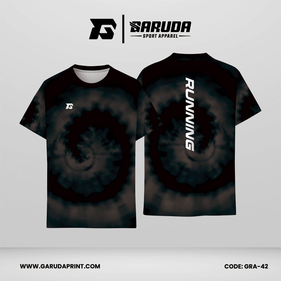 Jersey Lari Hitam Pekat–Abu Arang–Biru Petrol Gelap dengan Motif Spiral Kabut Tie-Dye Code GRA-42
