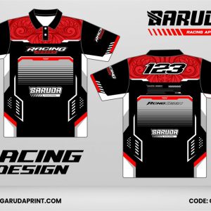 Jersey Racing GRC-23 Hitam–Merah Scarlet dengan Motif Ornamental Batik Racing dan Panel Garis Silver untuk Tampilan Sporty Elegan