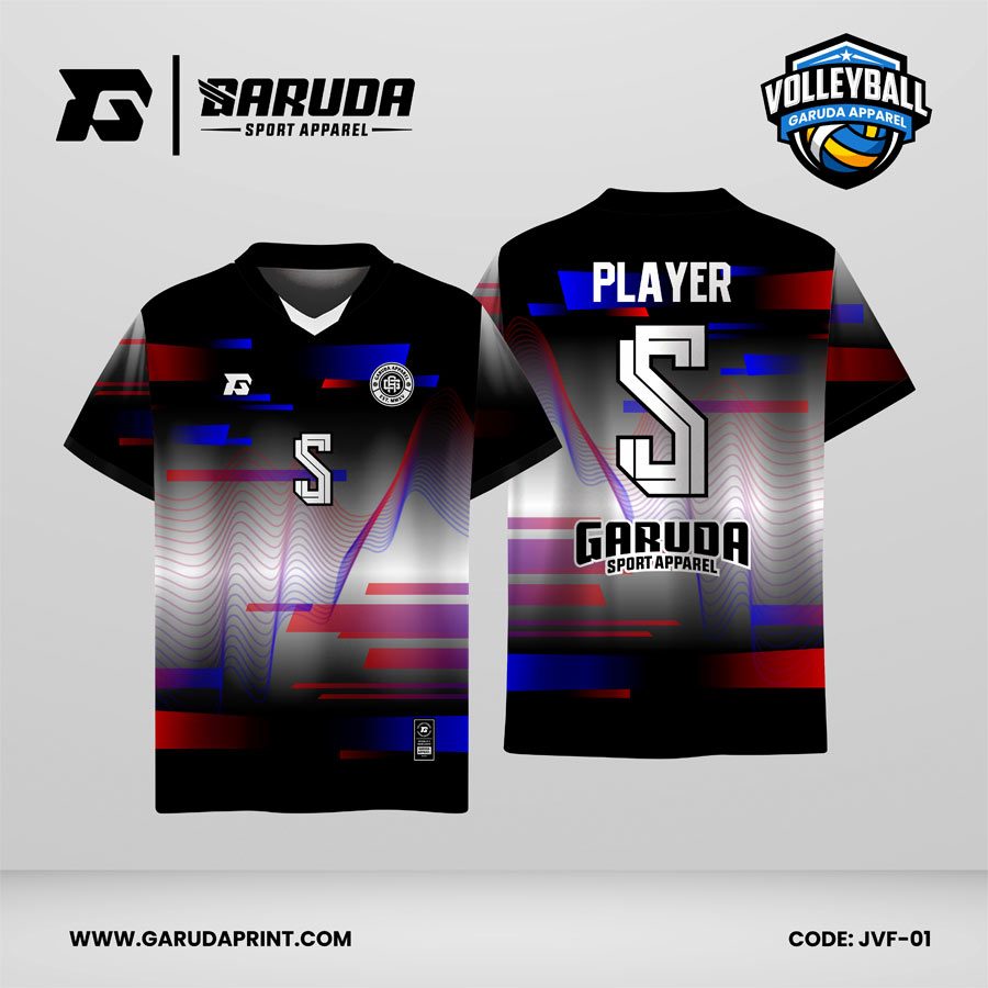 Jersey Voli JVF-01: Kombinasi Hitam–Putih Gradasi dengan Motif Topografi dan Aksen Glitch Merah–Biru