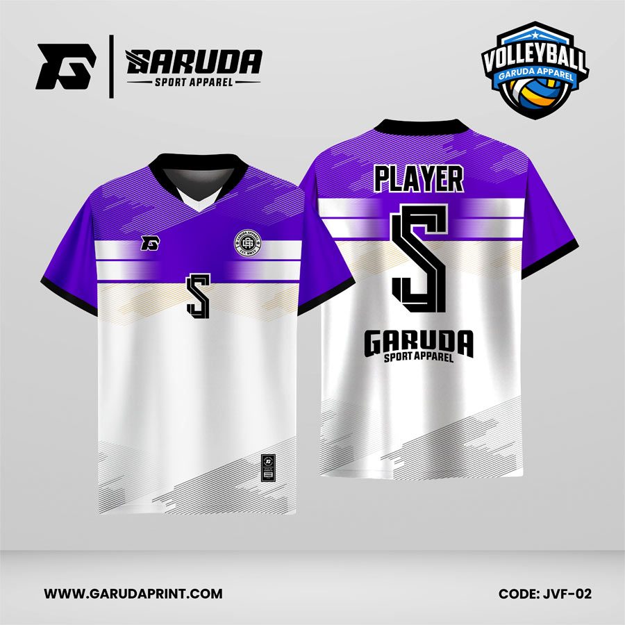 Jersey Voli JVF-02, Kombinasi Ungu–Putih Elegan dengan Motif Garis Horizontal dan Tekstur Diagonal Modern