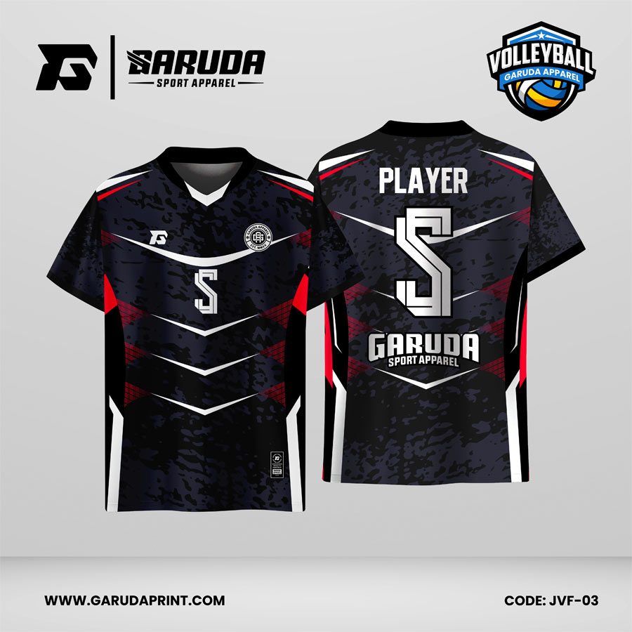 Jersey Voli JVF-03, Dominasi Hitam Motif Abstrak dengan Aksen Chevron Putih dan Merah yang Agresif