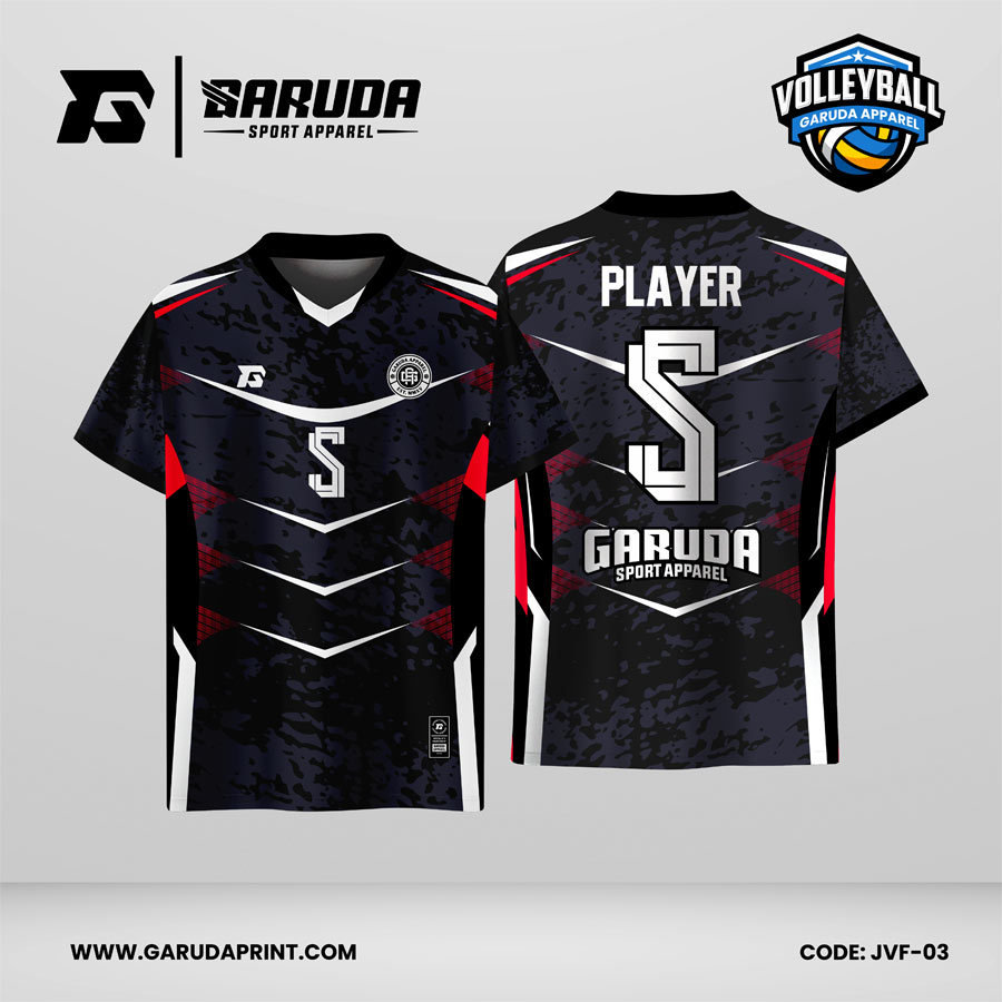 Jersey Voli JVF-03, Dominasi Hitam Motif Abstrak dengan Aksen Chevron Putih dan Merah yang Agresif