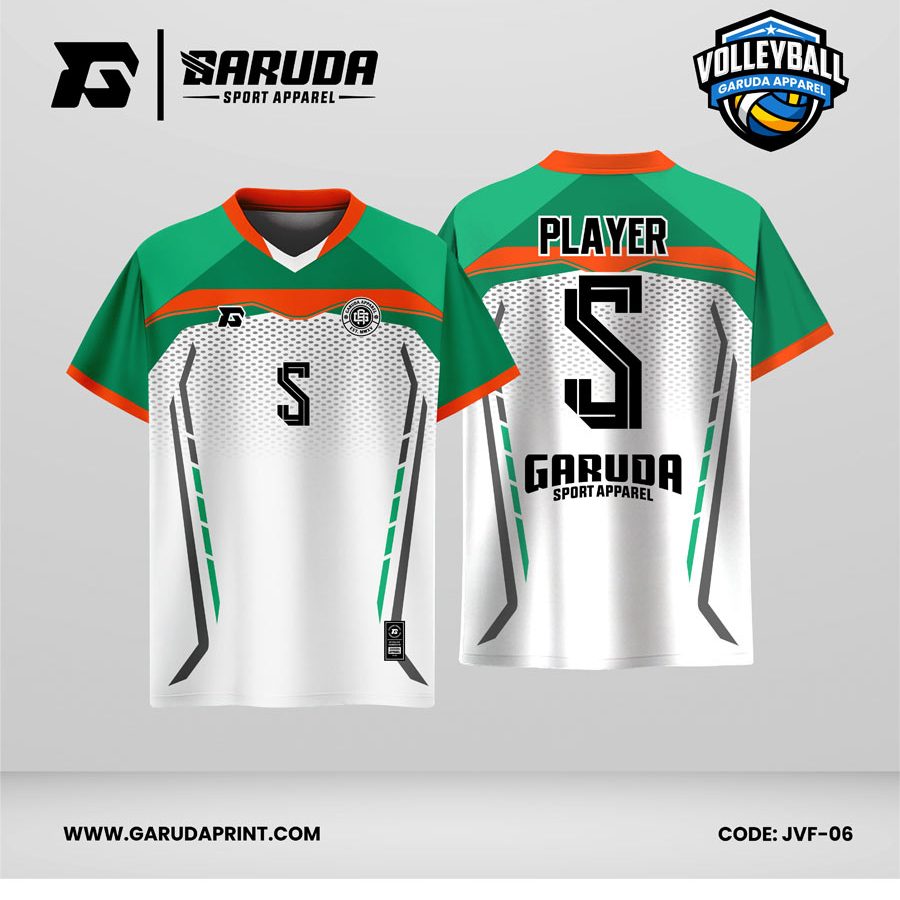 Jersey Voli JVF-06, Kombinasi Hijau–Putih dengan Aksen Oranye dan Motif Tekstur Mesh yang Sporty