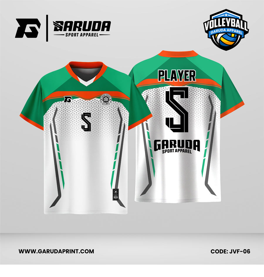 Jersey Voli JVF-06, Kombinasi Hijau–Putih dengan Aksen Oranye dan Motif Tekstur Mesh yang Sporty