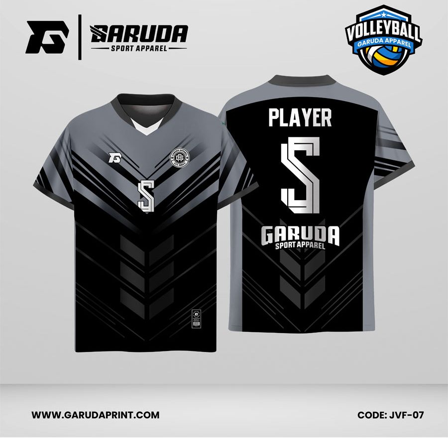 Jersey Voli JVF-07, Kombinasi Abu–Hitam dengan Motif Geometris V-Line yang Minimalis dan Gagah