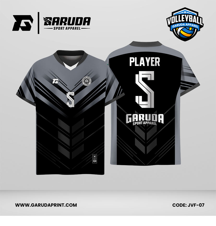 Jersey Voli JVF-07, Kombinasi Abu–Hitam dengan Motif Geometris V-Line yang Minimalis dan Gagah