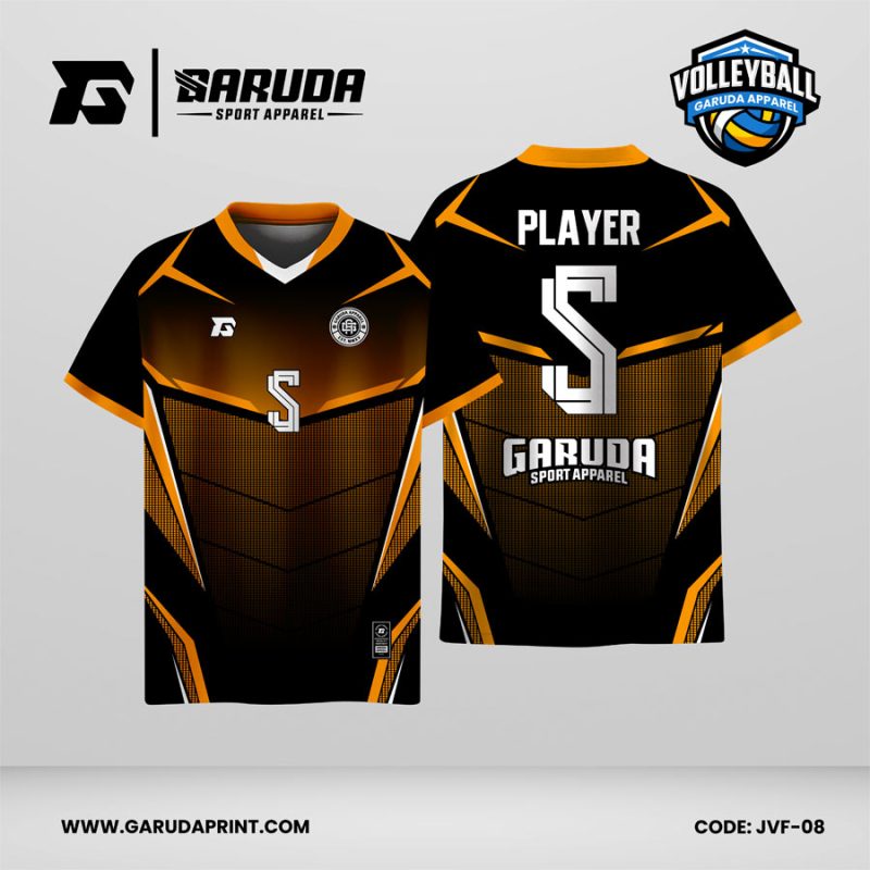 Jersey Voli JVF-08, Kombinasi Hitam–Oranye dengan Motif Geometris Tajam dan Tekstur Dot yang Dinamis