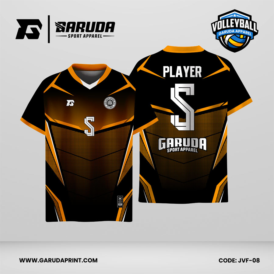 Jersey Voli JVF-08, Kombinasi Hitam–Oranye dengan Motif Geometris Tajam dan Tekstur Dot yang Dinamis
