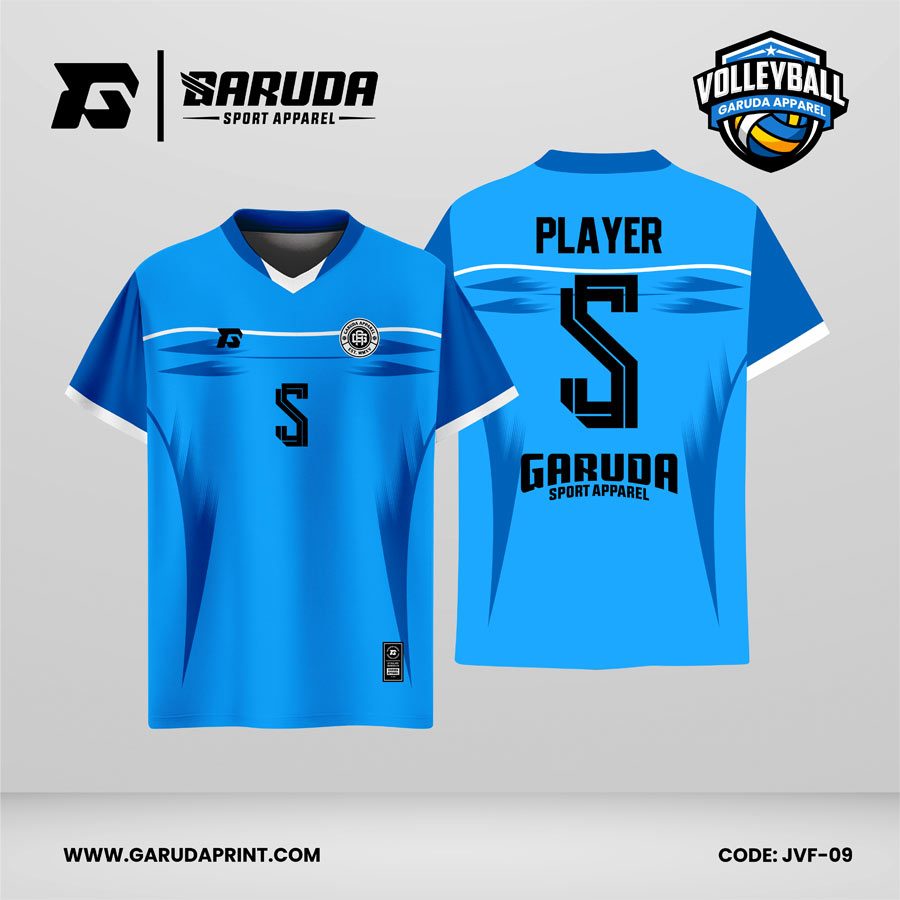 Jersey Voli JVF-09, Kombinasi Biru Muda–Biru Tua dengan Motif Sapuan Garis yang Clean dan Modern
