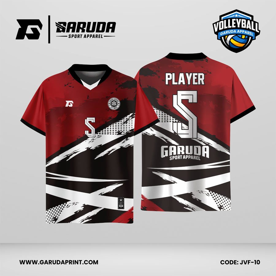 Jersey Voli JVF-10, Kombinasi Merah–Hitam dengan Motif Brush Stroke Putih dan Tekstur Dot yang Berani