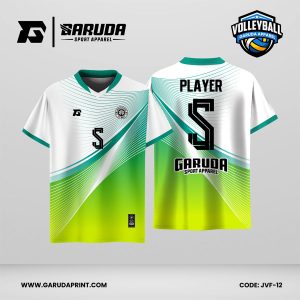 Jersey Voli JVF-12, Kombinasi Putih–Hijau Lime dengan Motif Garis Lengkung yang Fresh dan Sporty