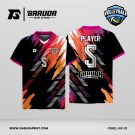 Jersey Voli JVF-13, Kombinasi Hitam dengan Aksen Magenta–Oranye dan Motif Brush Diagonal Bertekstur Dot yang Atraktif