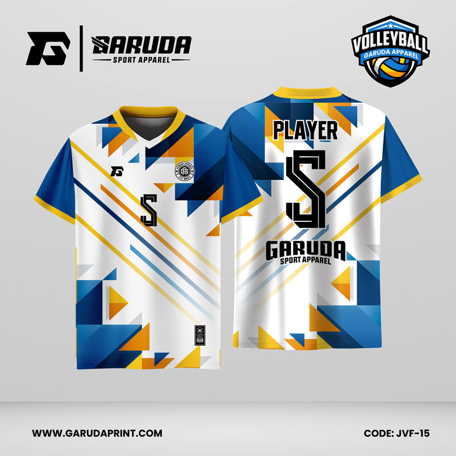 Jersey Voli JVF-15, Kombinasi Putih–Biru dengan Aksen Kuning dan Motif Geometris Segitiga yang Modern
