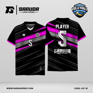 Jersey Voli JVF-16, Kombinasi Hitam–Magenta dengan Aksen Abu dan Motif Garis Diagonal yang Sleek