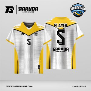 Jersey Voli JVF-18, Kombinasi Putih–Kuning dengan Aksen Hitam dan Motif Garis Vertikal yang Elegan