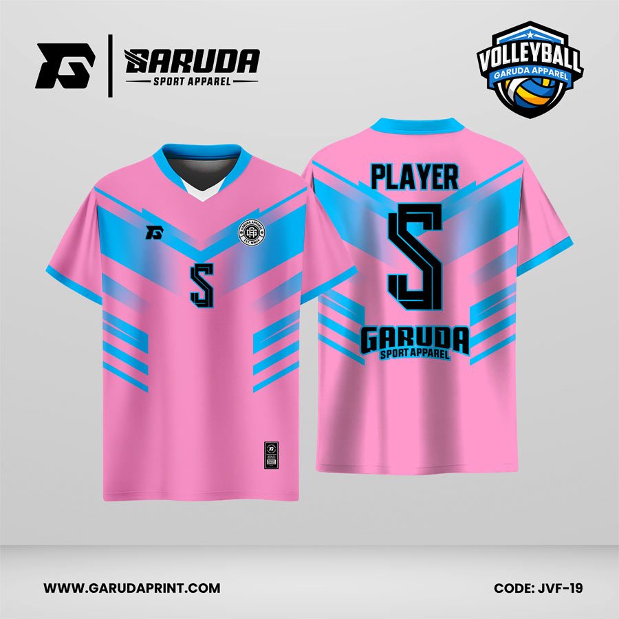 Jersey Voli JVF-19, Kombinasi Pink–Biru Muda dengan Motif Chevron dan Garis Samping yang Playful