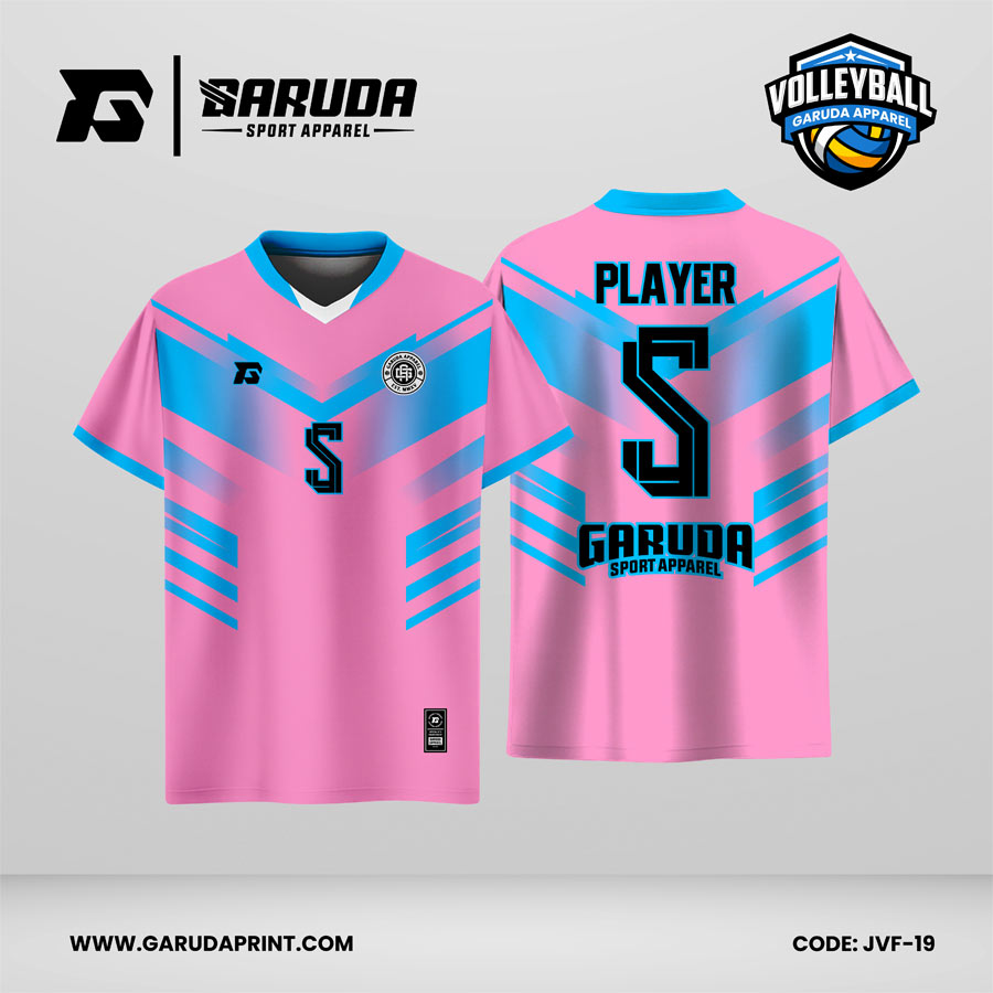 Jersey Voli JVF-19, Kombinasi Pink–Biru Muda dengan Motif Chevron dan Garis Samping yang Playful