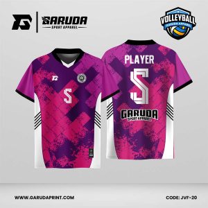 Jersey Voli JVF-20, Kombinasi Ungu–Magenta dengan Aksen Putih dan Motif Grunge Geometris yang Berkarakter