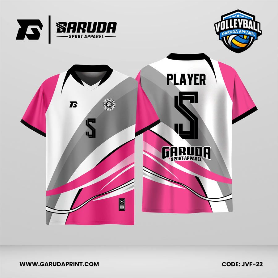 Jersey Voli JVF-22, Kombinasi Putih–Pink dengan Aksen Abu dan Motif Gelombang Dinamis yang Elegan