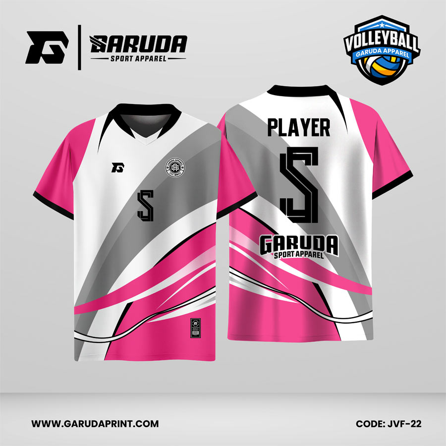 Jersey Voli JVF-22, Kombinasi Putih–Pink dengan Aksen Abu dan Motif Gelombang Dinamis yang Elegan