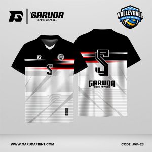 Jersey Voli JVF-23, Kombinasi Hitam–Putih dengan Aksen Merah dan Motif Line Minimalis yang Modern