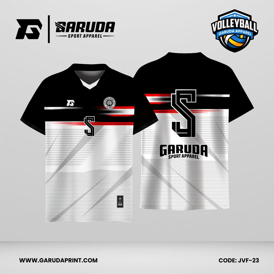 Jersey Voli JVF-23, Kombinasi Hitam–Putih dengan Aksen Merah dan Motif Line Minimalis yang Modern